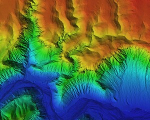 Fototapeta na wymiar Digital elevation model of a deep stone canyon. A meandering and curving river below. GIS 3D product made after proccesing aerial data.