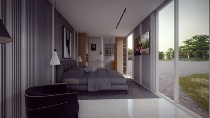 cozy bedroom of modern house 3d rendering