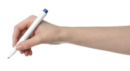 Woman holding color marker on white background, closeup