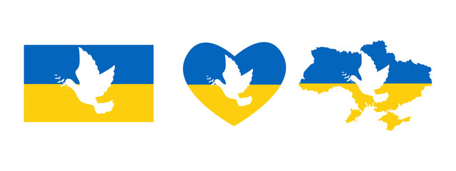 Pray for Ukraine. stop the war. Flying peace dove with olive branch logo symbol on the flag of ukraine. A flying dove of peace on a heart in the shape of the Ukrainian flag. Dove peace symbol.