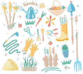 Vector garden pattern: tools for plants (shovels, rakes, pitchforks), gardening gloves, watering can, fruit basket, hay, water hose, scissors, fence with plants, basket with onions, rubber boot.