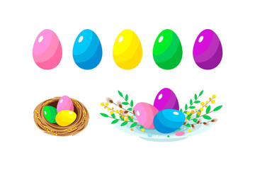 Easter set of colorful eggs,nest and plate with easter eggs,willow twigs,mimosas and green sprigs.