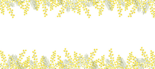 Watercolor hand drawn banner with spring tender flowers frame - yellow mimosa on the white background. For textile, wallpaper, wrapping paper, march, easter, card, linen.