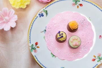 可愛いお皿に乗った数種類のチョコレート
