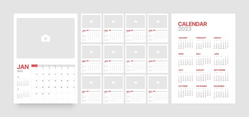 Wall or desk calendar template for 2023 with week start on Sunday. Diary planner template with place for photo. - obrazy, fototapety, plakaty