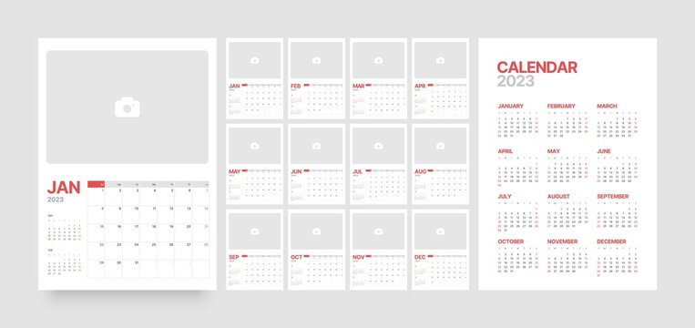 Wall or desk calendar template for 2023 with week start on Sunday. Diary planner template with place for photo.