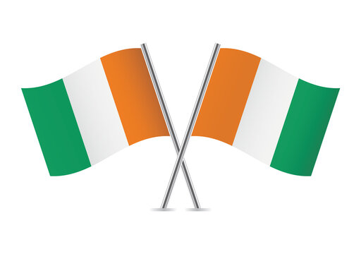 Ivory Coast crossed flags. Ivorian flags, isolated on white background. Vector icon set. Vector illustration.