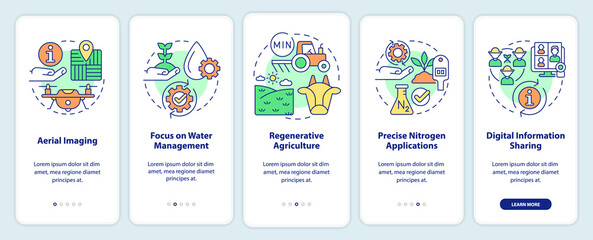 Trends in agriculture onboarding mobile app screen. Innovations walkthrough 5 steps graphic instructions pages with linear concepts. UI, UX, GUI template. Myriad Pro-Bold, Regular fonts used