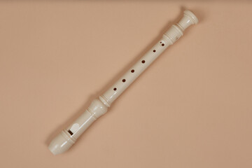 Common fipple flute closeup, beige background. Flute belong to group of woodwind musical...