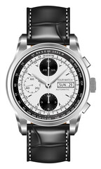 Realistic watch clock silver black face white arrow number with leather strap on isolated design classic luxury vector