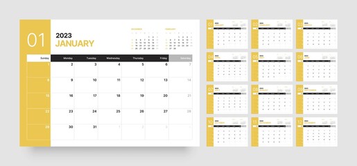 Monthly calendar template for 2023 year. Wall calendar in a minimalist style. Week Starts on Sunday.