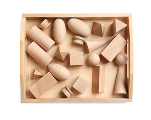 Set of wooden geometrical objects in box isolated on white. Montessori toy