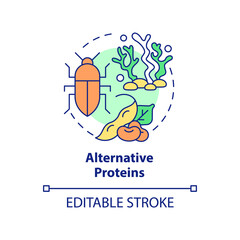 Alternative proteins concept icon. Food industry. Agricultural trends abstract idea thin line illustration. Isolated outline drawing. Editable stroke. Arial, Myriad Pro-Bold fonts used
