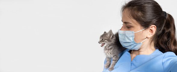 Long banner for veterinary clinic. Veterinarian and kitten. Laboratory and treatment of cats, place for text.