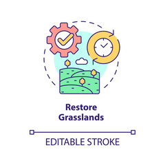 Restore grasslands concept icon. Fields management. Shift to regenerative culture abstract idea thin line illustration. Isolated outline drawing. Editable stroke. Arial, Myriad Pro-Bold fonts used
