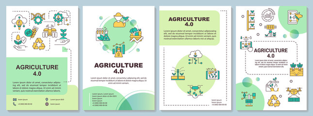 Agriculture development green brochure template. Farming industry. Leaflet design with linear icons. 4 vector layouts for presentation, annual reports. Arial-Bold, Myriad Pro-Regular fonts used