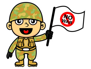 Cartoon illustration of funny little Soldier waving the white flag sign of surrender for world peace, best for mascot, logo, and sticker with military themes for kids