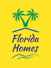 Real Estate logo template with house between palm trees vector illustration. Palm house tree home logo vector icon illustration. Florida Homes branding design.
