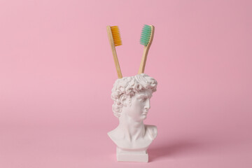 David bust vase with eco toothbrushes on pink background. Minimal aesthetic still life