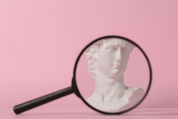 David's bust through a magnifying glass on a pink background