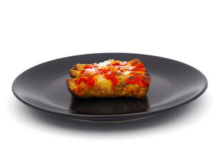 Baked eggplant parmesan rolls isolated on white background
