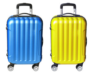 Blue and yellow  suitcase isolated on white background