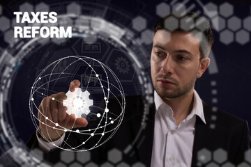 Business, technology, internet and network concept. Young businessman thinks over the steps for...