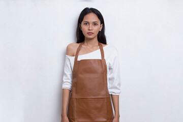 Asian woman Barista waitress wearing apron on white background
