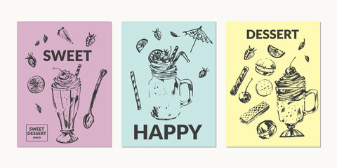 Hand drawn sweet dessert ink sketch of ice cream, cocktail, milk shake, chocolate, coffee drink