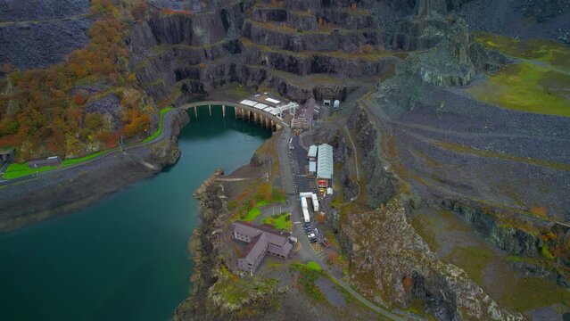 Abandoned Dinorwic quarry in Wales, UK.  Aerial top-down circling 