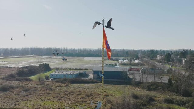 Aerial orbiting around Nishan Sahib triangular flag on Gurdwaras building