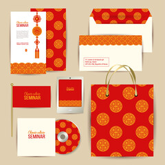 Corporate identity design. Oriental style. Asian ornament. Stamp with hieroglyph for Joy. Vector