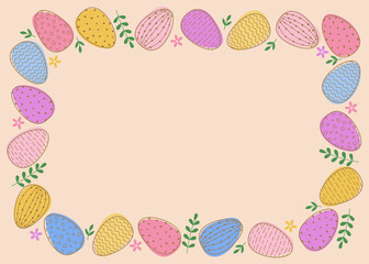 Rectangular frame of easter decorated eggs and leaves. Colorful eggs on pink background.
