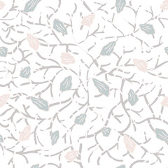 Scattered petal vector seamless pattern background. Floating petals on textured trailing stems backdrop. Hand drawn neutral decorative floral design. Botanical repeat for spring. All over print.