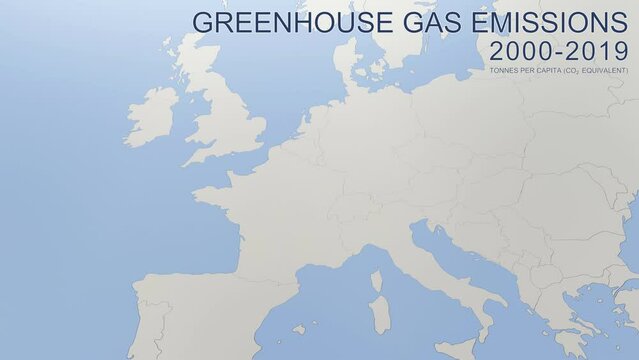 Greenhouse gas emissions in Austria from 2000 to 2019. Values in tonnes per capita (CO2 equivalent). Source data: Eurostat. 3D rendering loop able video with 4K resolution.
