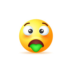 Yellow emoji with green tongue isolated on white background.