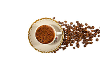 Arrow from the coffee beans with a cup of drink isolated on white background. Arrow from the coffee beans with a cup of drink isolated on white background. Horizontal, Top view