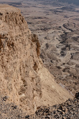 Aerial view of the Ramon Crater as seen from the summit of Mount Ardon Ramon Crater, Negev Desert, Southern Israel, Israel.