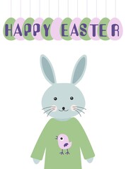 Happy easter card. Illustration with cute bunny and eggs. Vector illustration isolated on white background.