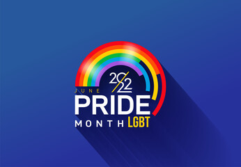 Lgbtq pride month logo with rainbow flag. Symbol of pride month june support. LGBT Pride Month 2022. Pride day line abstract logo. LGBTQ related symbol in rainbow colors. Human rights and tolerance. - obrazy, fototapety, plakaty