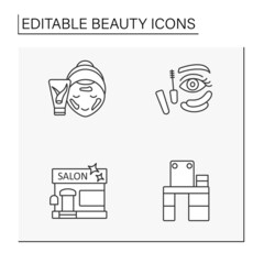 Beauty line icons set. Facial mask, makeup table, mascara and eye patches, beauty salon. Spa concept. Isolated vector illustration. Editable stroke