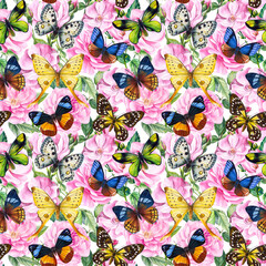 Floral seamless patterns, roses and butterflies pattern. Abstract background. Watercolor painting