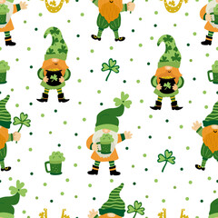 Seamless pattern with funny gnomes with leaves of clover, green beer and pots of gold for St. Patrick's Day on white background. Vector illustration, flat design