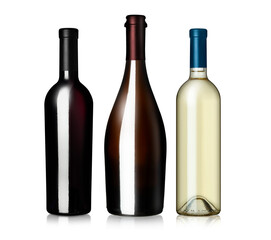 Red and white wine bottles isolated on a white background