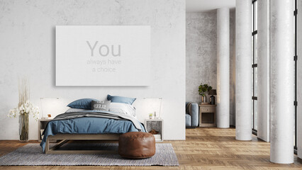 mock up poster frame in modern interior background, bedroom, Boho - Scandinavian style, 3D render, 3D illustration