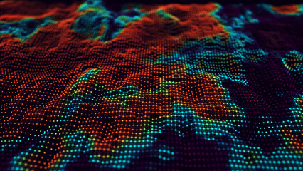 Abstract futuristic background. Digital dynamic particle wave. Big data visualization. Cyber or technology. Landscape technology. Wave with colorful dots. 3D rendering.