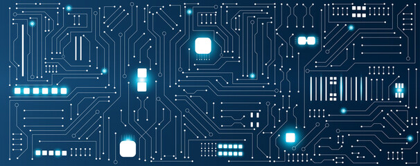 Blue circuit electronic or electrical line with circuit board engineering technology concept vector background - obrazy, fototapety, plakaty