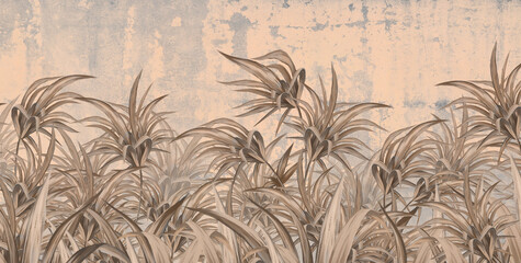 Fototapety  vintage style art painted tropical leaves on a textured shabby background wall mural in the interior