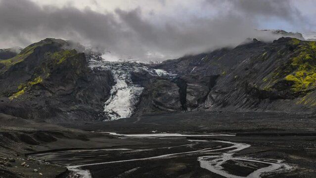 Clouds moving over a Glacier near the Hekla volcano in Iceland. Time lapse clip at the end of the day.