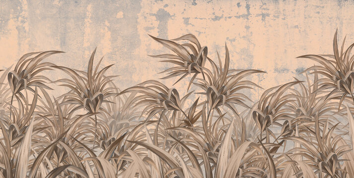 vintage style art painted tropical leaves on a textured shabby background wall mural in the interior © Виктория Лысенко